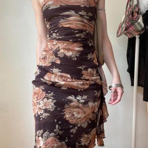 Vintage Floral Print Y2K Dress - Summer Street Style with Ruched Hem and Elegant Design