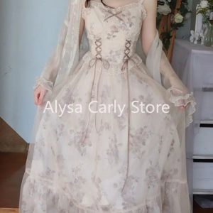 Vintage Floral Ruffle Mesh Dress for Women - Sweet Fairy Strap Retro Evening Party Dress