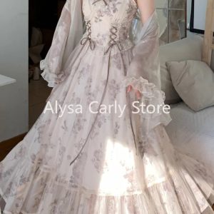 Vintage Floral Ruffle Mesh Dress for Women - Sweet Fairy Strap Retro Evening Party Dress