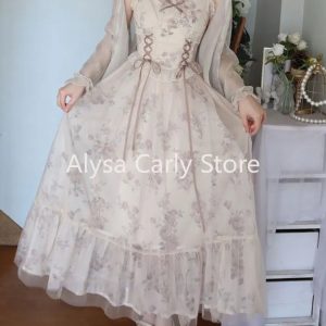 Vintage Floral Ruffle Mesh Dress for Women - Sweet Fairy Strap Retro Evening Party Dress