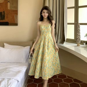 Vintage Floral Strap Dress - Y2K Aesthetic Long Dress for Seaside Vacations