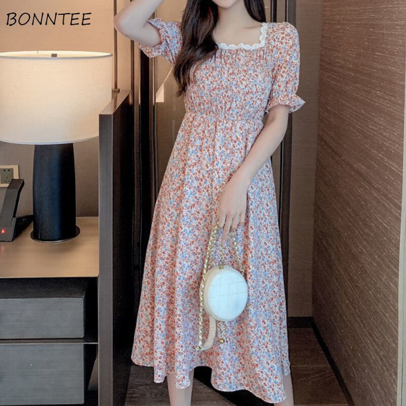 Vintage Floral Summer A-Line Dress with Square Collar and Puff Sleeves - Y2K Elegant Style