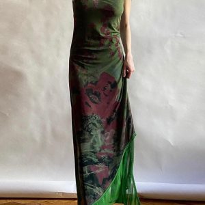 Vintage Green Irregular Slip Dress - Y2K Aesthetic Fashion for Effortless Style