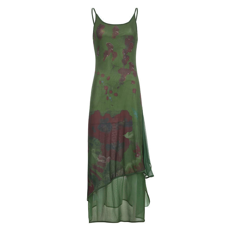 Vintage Green Irregular Slip Dress - Y2K Aesthetic Fashion for Effortless Style