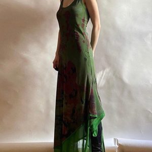 Vintage Green Irregular Slip Dress - Y2K Aesthetic Fashion for Effortless Style