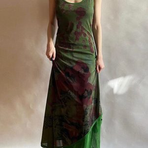 Vintage Green Irregular Slip Dress - Y2K Aesthetic Fashion for Effortless Style