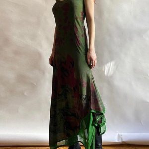 Vintage Green Irregular Slip Dress - Y2K Aesthetic Fashion for Effortless Style