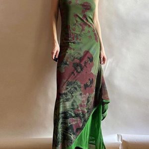 Vintage Green Irregular Slip Dress - Y2K Aesthetic Fashion for Effortless Style