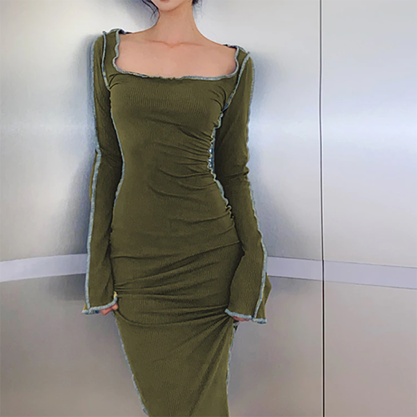 Vintage Green Y2K Long Sleeve Maxi Dress - Retro Aesthetic Fashion for Stylish Outfits