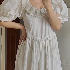 Vintage Hepburn-Inspired Ruffle Nightdress - Retro Bubble Sleeve Cotton Sleepwear