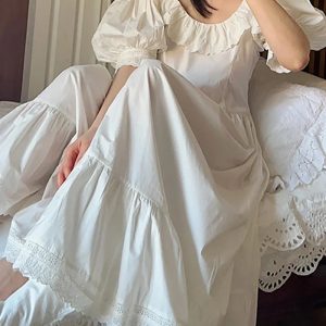 Vintage Hepburn-Inspired Ruffle Nightdress - Retro Bubble Sleeve Cotton Sleepwear