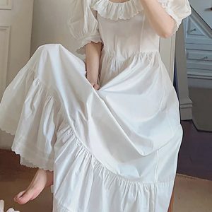 Vintage Hepburn-Inspired Ruffle Nightdress - Retro Bubble Sleeve Cotton Sleepwear