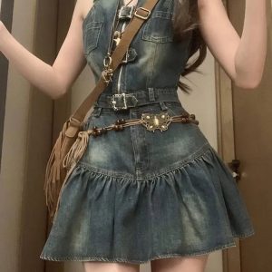 Vintage Korean Y2K Fashion Women's 2-Piece Set: Off-Shoulder Backless Vest & Denim Skirt