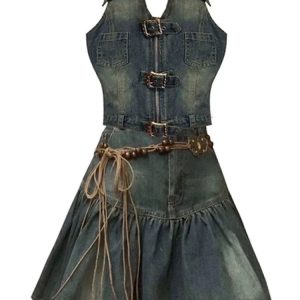 Vintage Korean Y2K Fashion Women's 2-Piece Set: Off-Shoulder Backless Vest & Denim Skirt