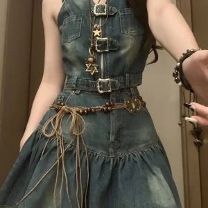 Vintage Korean Y2K Fashion Women's 2-Piece Set: Off-Shoulder Backless Vest & Denim Skirt