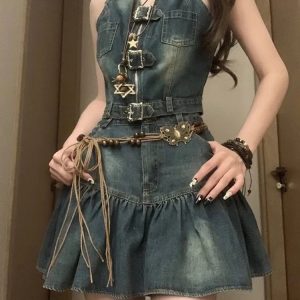 Vintage Korean Y2K Fashion Women's 2-Piece Set: Off-Shoulder Backless Vest & Denim Skirt