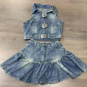 Vintage Korean Y2K Fashion Women's 2-Piece Set: Off-Shoulder Backless Vest & Denim Skirt