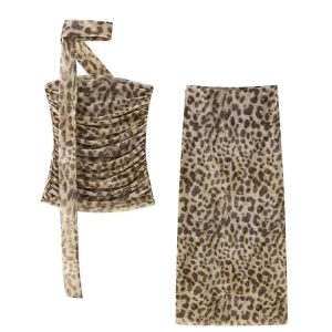 Vintage Leopard Print Skirt Set: High Waist A-Line Skirt & Halterneck Off-Shoulder Top