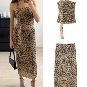 Vintage Leopard Print Skirt Set: High Waist A-Line Skirt & Halterneck Off-Shoulder Top