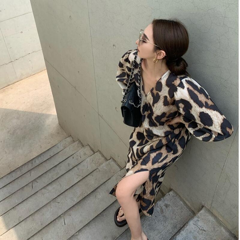 Vintage Leopard Print V-Neck Long Sleeve Dress - Chic Summer Fashion for Women