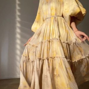 Vintage Midi Dresses for Women 2024 - Elegant Summer Party Dress with Loose Long Sleeves and Prints