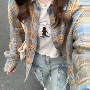 Vintage Milky Yellow Plaid Blouse - Y2K Aesthetic Cute Top for Coquette and Grunge Styles