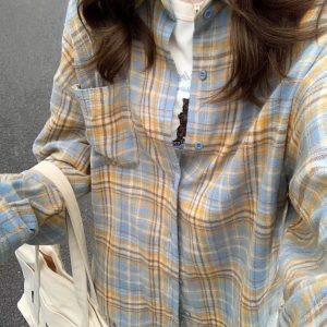 Vintage Milky Yellow Plaid Blouse - Y2K Aesthetic Cute Top for Coquette and Grunge Styles