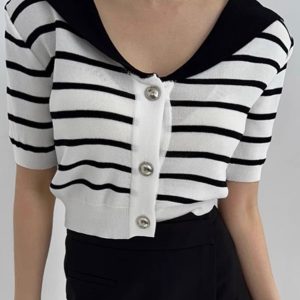 Vintage Navy Striped Knit T-Shirt with Collar - Y2K Aesthetic Cute Top for Stylish Outfits