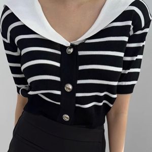 Vintage Navy Striped Knit T-Shirt with Collar - Y2K Aesthetic Cute Top for Stylish Outfits