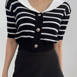 Vintage Navy Striped Knit T-Shirt with Collar - Y2K Aesthetic Cute Top for Stylish Outfits