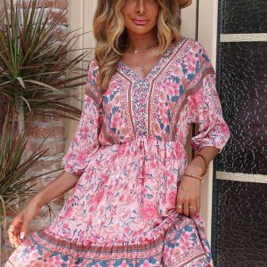 Vintage Pink Y2K Aesthetic Dress - Loose Fit Floral Print for a Cute Coquette Look