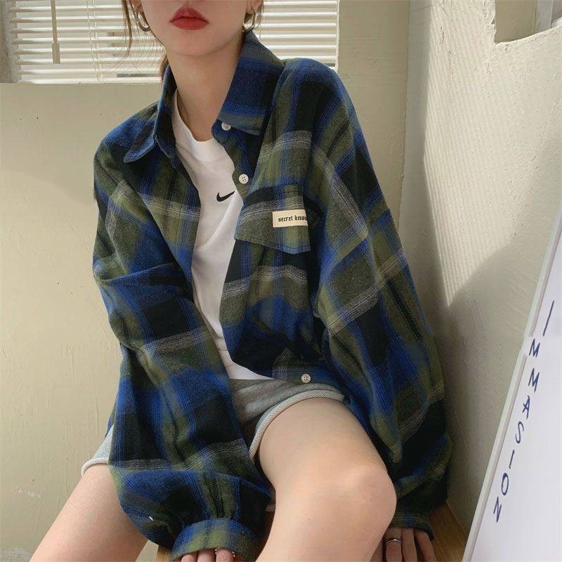 Vintage Plaid Long Sleeve Blouse - Y2K Aesthetic Top for Coquette and Grunge Styles