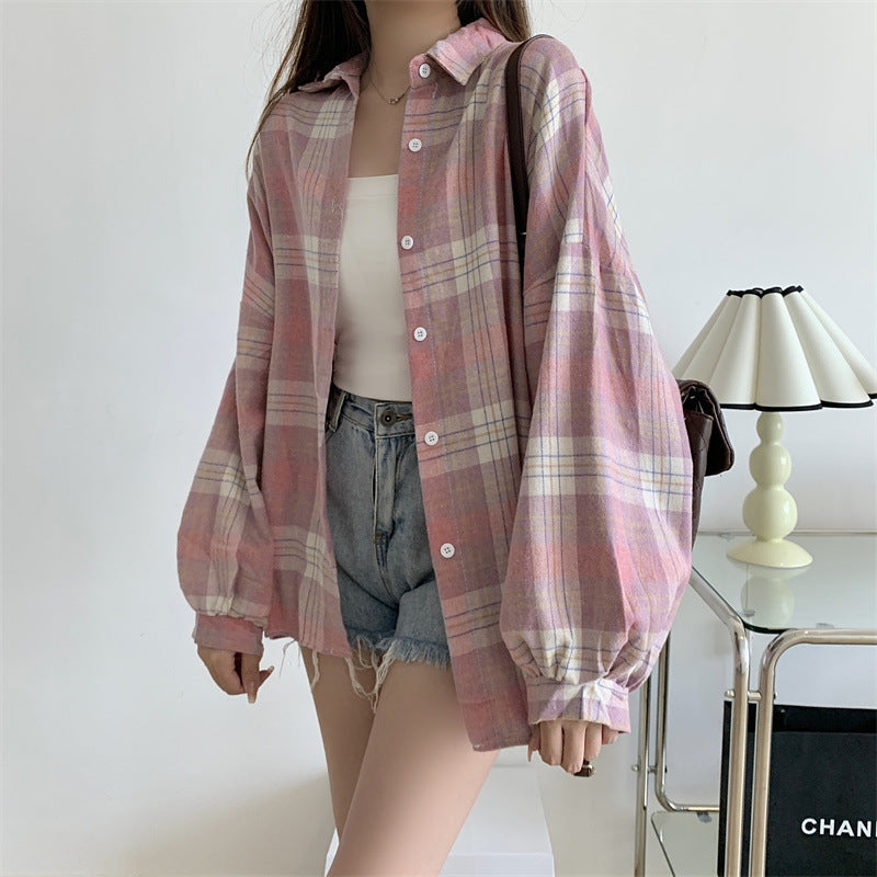 Vintage Plaid Oversized Blouse - Y2K Aesthetic Loose Top for Cozy, Chic Outfits