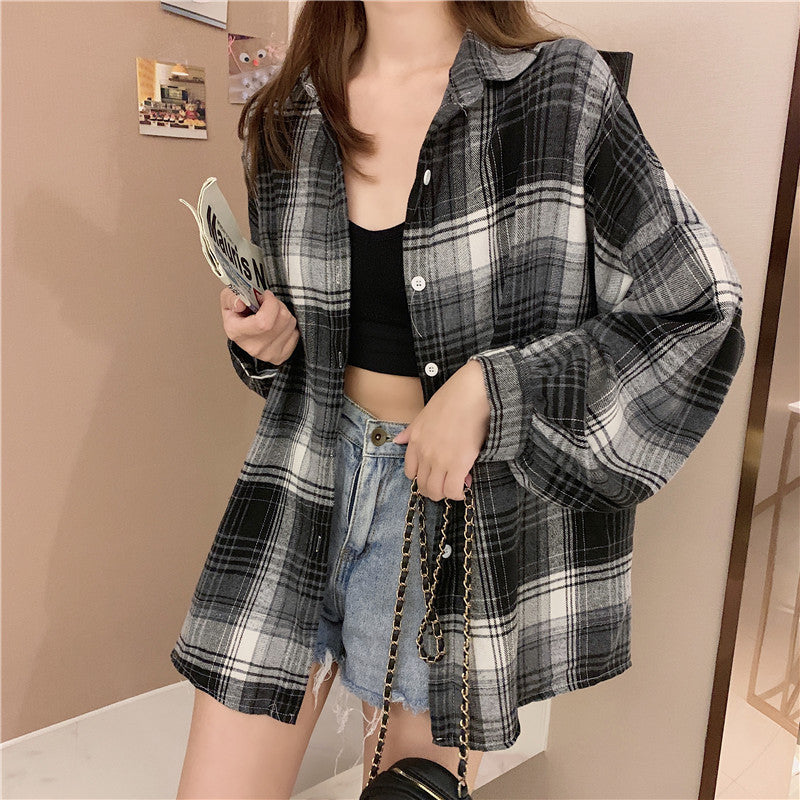 Vintage Plaid Oversized Blouse - Y2K Aesthetic Loose Top for Cozy, Chic Outfits