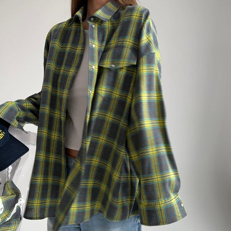 Vintage Plaid Print Long Sleeve Blouse - Y2K Aesthetic Cute Top for Coquette Style Outfits