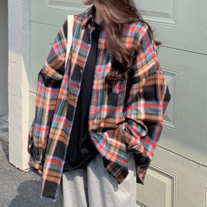 Vintage Plaid Print Oversized Long Sleeve Tee for Y2K Aesthetic and Coquette Style