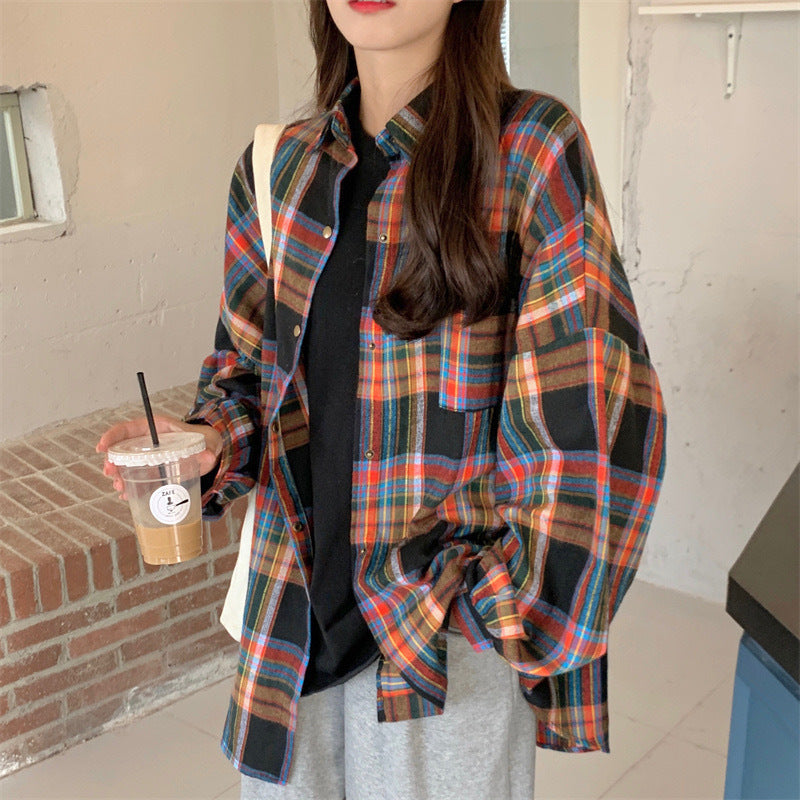 Vintage Plaid Print Oversized Long Sleeve Tee for Y2K Aesthetic and Coquette Style