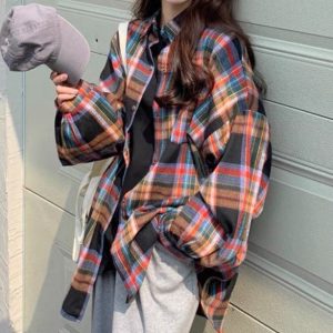 Vintage Plaid Print Oversized Long Sleeve Tee for Y2K Aesthetic and Coquette Style