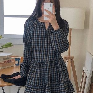 Vintage Plaid Puff Sleeve Dress - Y2K Aesthetic Cute Dress for Coquette Style Outfits