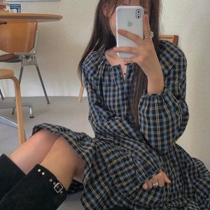 Vintage Plaid Puff Sleeve Dress - Y2K Aesthetic Cute Dress for Coquette Style Outfits