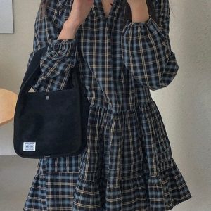 Vintage Plaid Puff Sleeve Dress - Y2K Aesthetic Cute Dress for Coquette Style Outfits