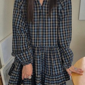 Vintage Plaid Puff Sleeve Dress - Y2K Aesthetic Cute Dress for Coquette Style Outfits