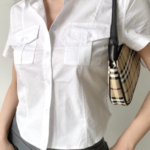 Vintage Preppy Double Pocket Lapel Short Sleeve Shirt for Y2K Aesthetic Outfits