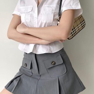 Vintage Preppy Double Pocket Lapel Short Sleeve Shirt for Y2K Aesthetic Outfits