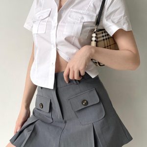 Vintage Preppy Double Pocket Lapel Short Sleeve Shirt for Y2K Aesthetic Outfits