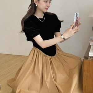 Vintage Puff Sleeve Irregular Pleated Dress - Y2K Aesthetic Cute Fashion Statement