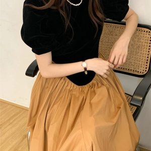 Vintage Puff Sleeve Irregular Pleated Dress - Y2K Aesthetic Cute Fashion Statement