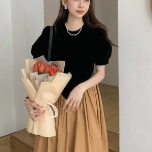 Vintage Puff Sleeve Irregular Pleated Dress - Y2K Aesthetic Cute Fashion Statement