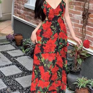 Vintage Rose Back Cutout Sling Dress - Y2K Aesthetic Floral Dress for Coquette Style