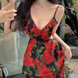 Vintage Rose Back Cutout Sling Dress - Y2K Aesthetic Floral Dress for Coquette Style